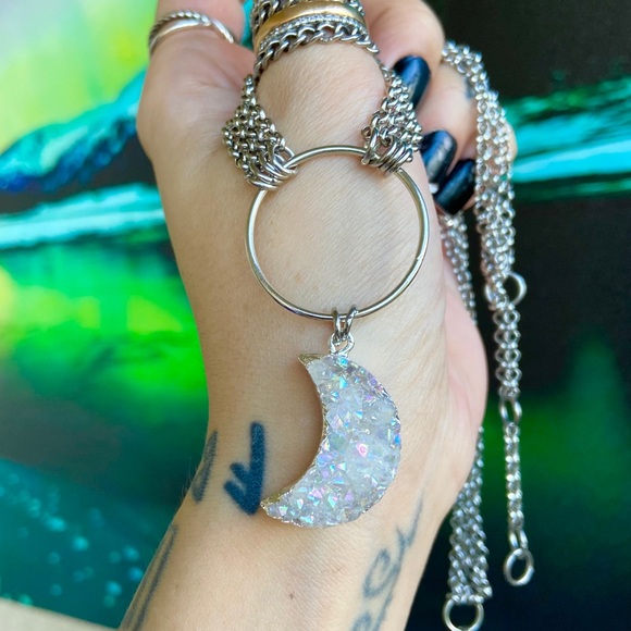 Moon crystal necklace . Stainless steel chains druzy aura quartz moon charm boho - Picture 11 of 15